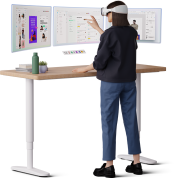 Young woman working at the table wearing vr glasses PNG, SVG